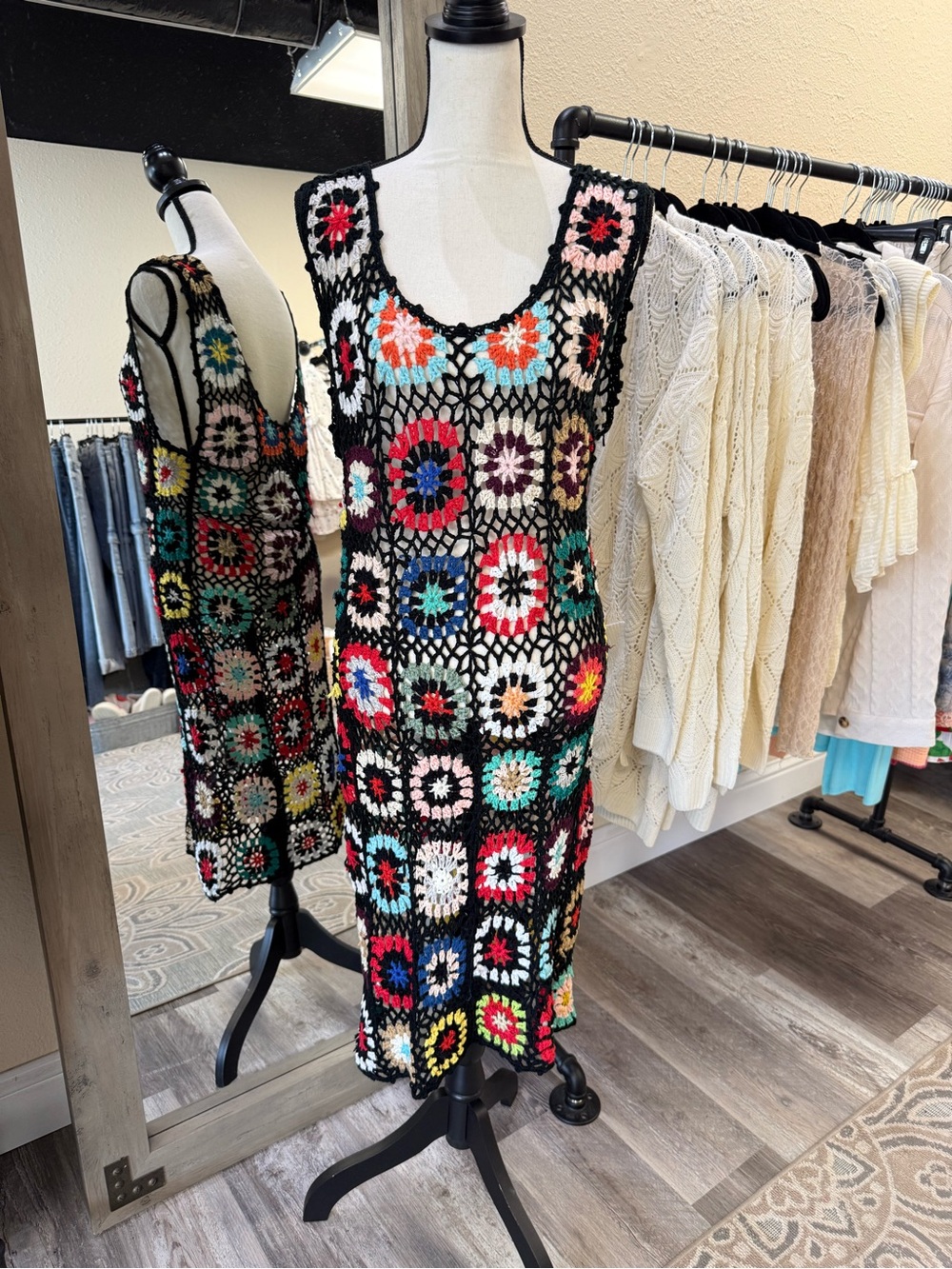 Black Multicolor Crochet Midi Dress by